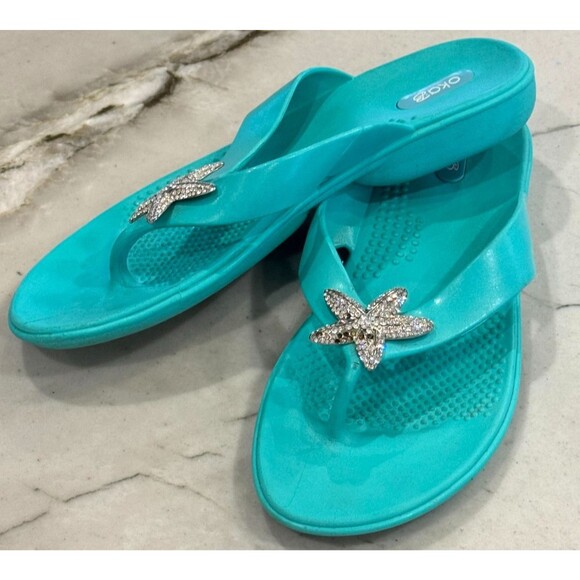 Oka-B Beach/Pool Flip Flops Comfort Flats/Teal/ M/L  8-9 Studded Starfish - Picture 5 of 9